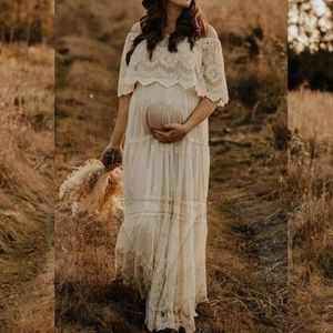 Women bridesmaid maternity shoot wedding white lace off shoulder maxi dress